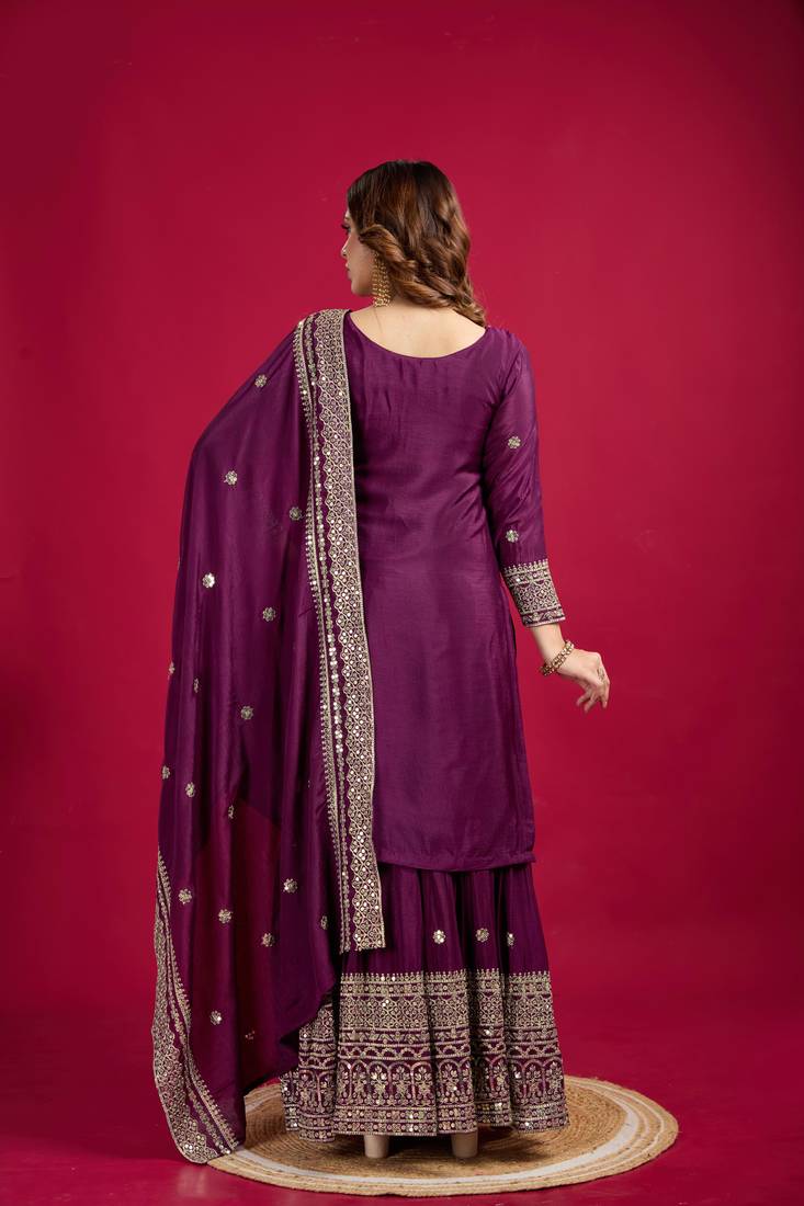 Wine Chinnon Silk Embroidery Work Sharara Set