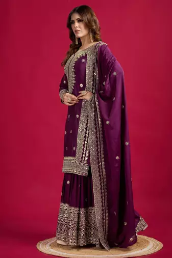 Wine Chinnon Silk Embroidery Work Sharara Set