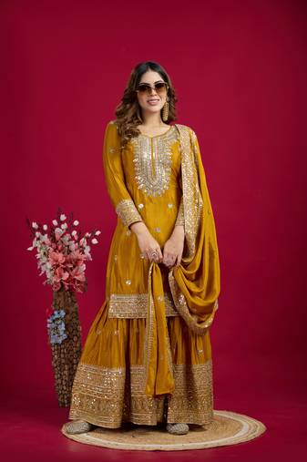 Yellow Chinnon Silk Embroidery Work Sharara Set