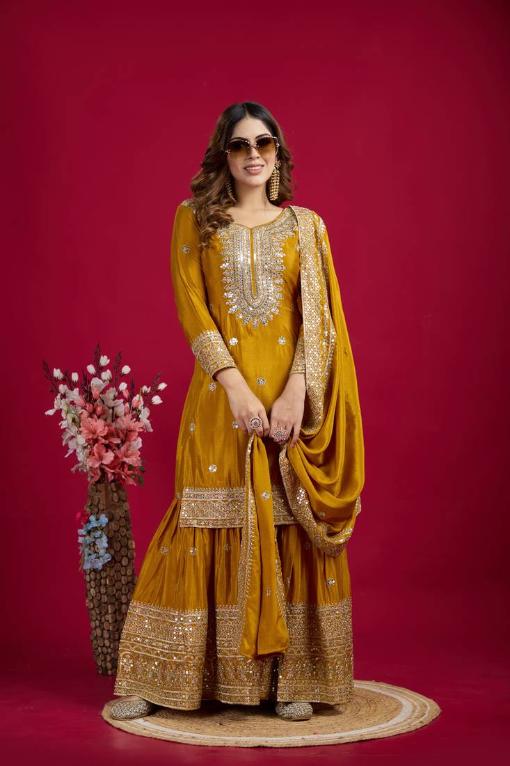 Yellow Chinnon Silk Embroidery Work Sharara Set