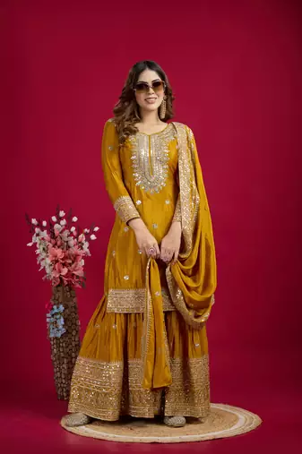 Yellow Chinnon Silk Embroidery Work Sharara Set