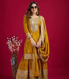 Yellow Chinnon Silk Embroidery Work Sharara Set
