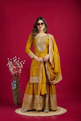 Yellow Chinnon Silk Embroidery Work Sharara Set 2