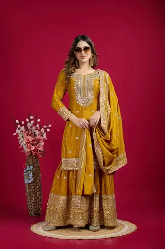 Yellow Chinnon Silk Embroidery Work Sharara Set