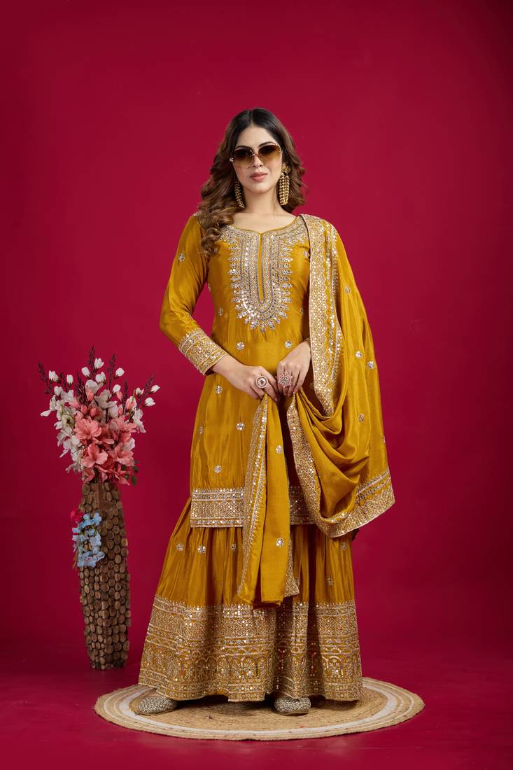 Yellow Chinnon Silk Embroidery Work Sharara Set