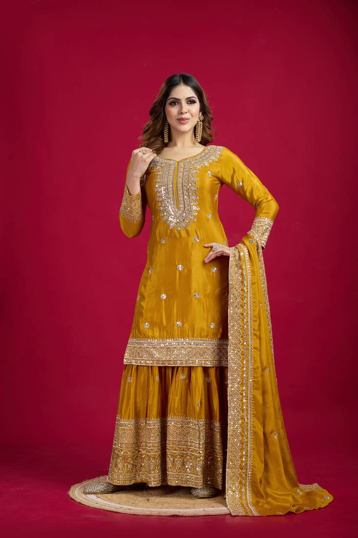 Yellow Chinnon Silk Embroidery Work Sharara Set