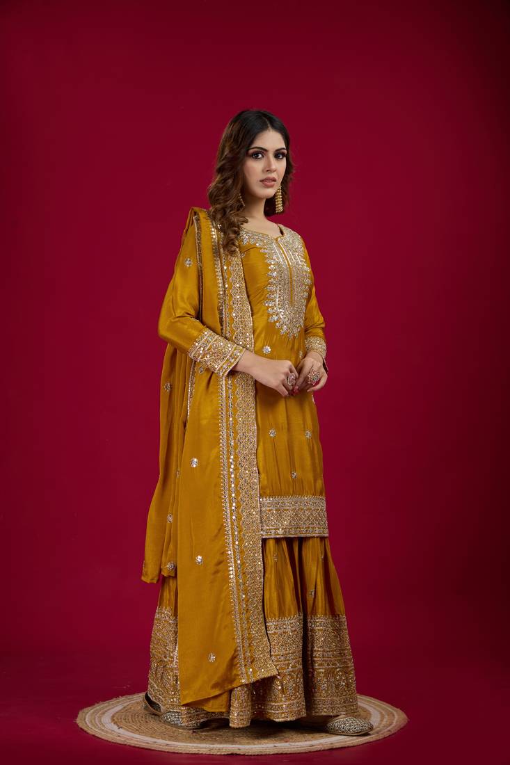 Yellow Chinnon Silk Embroidery Work Sharara Set