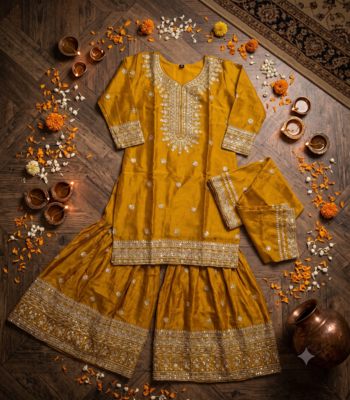 Yellow Chinnon Silk Embroidery Work Sharara Set 5
