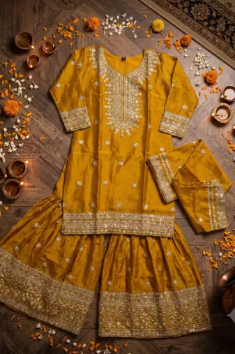 Yellow Chinnon Silk Embroidery Work Sharara Set