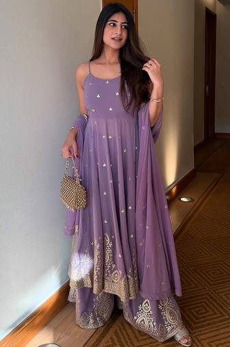 Lavender Embroidered Georgette Palazzo Suit