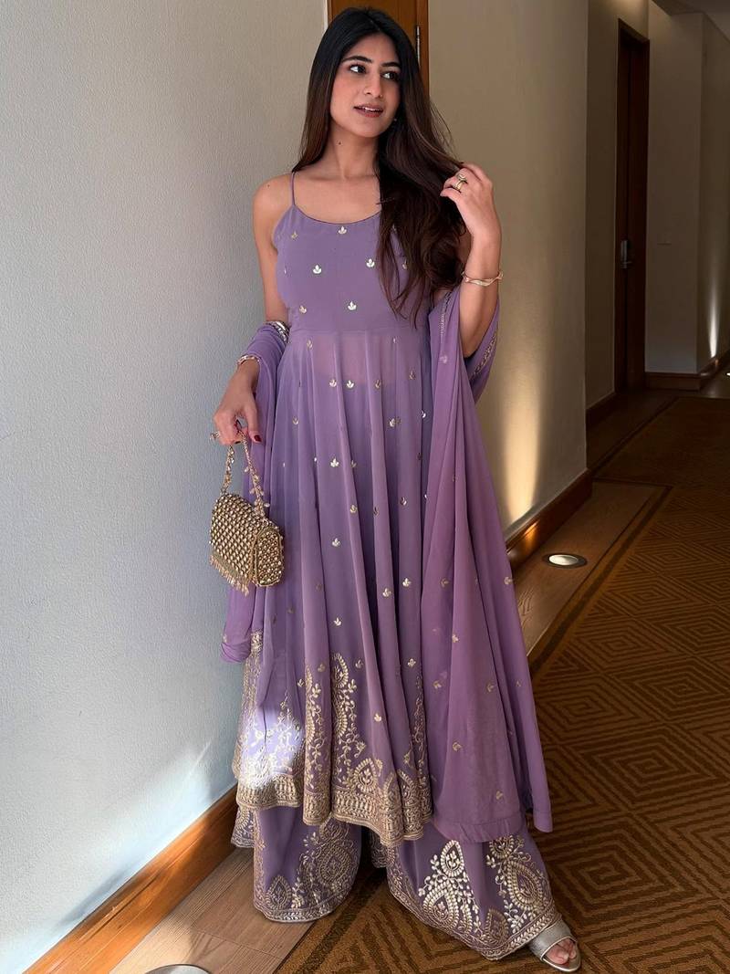 Lavender Embroidered Georgette Palazzo Suit