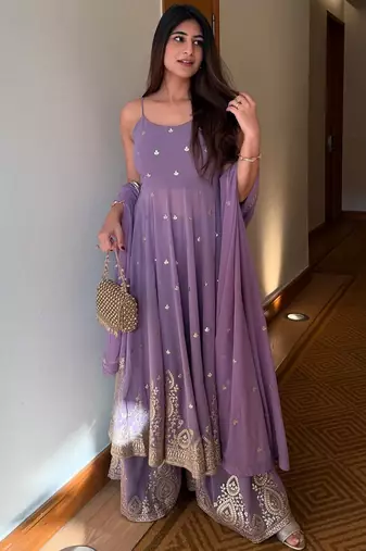 Lavender Embroidered Georgette Palazzo Suit