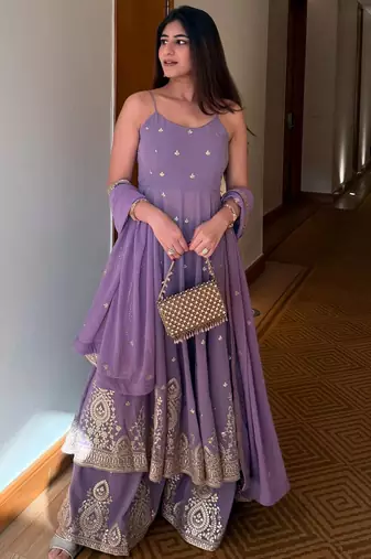 Lavender Embroidered Georgette Palazzo Suit