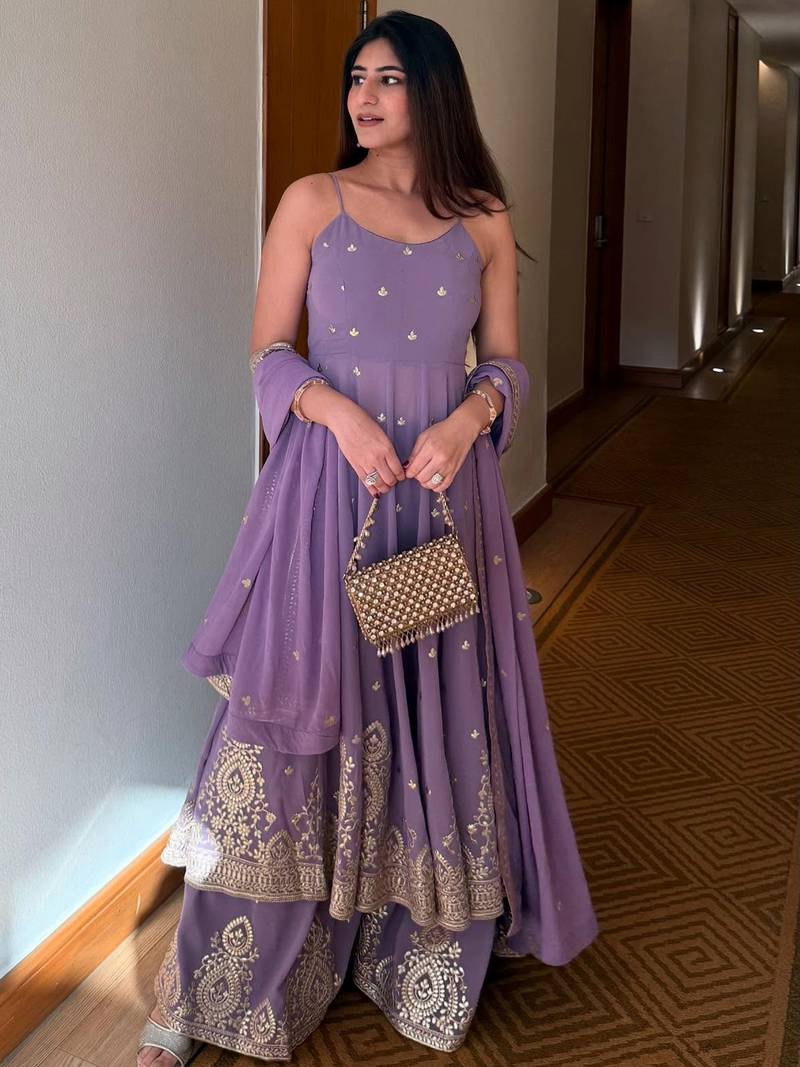 Lavender Embroidered Georgette Palazzo Suit