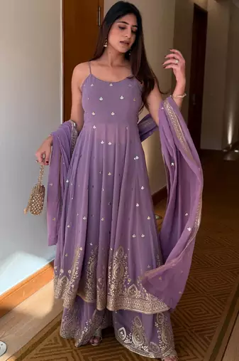 Lavender Embroidered Georgette Palazzo Suit