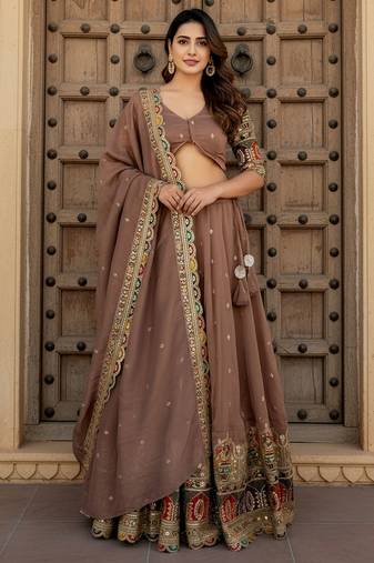 beige thread work silk festival lehenga set choli with dupatta with dupatta