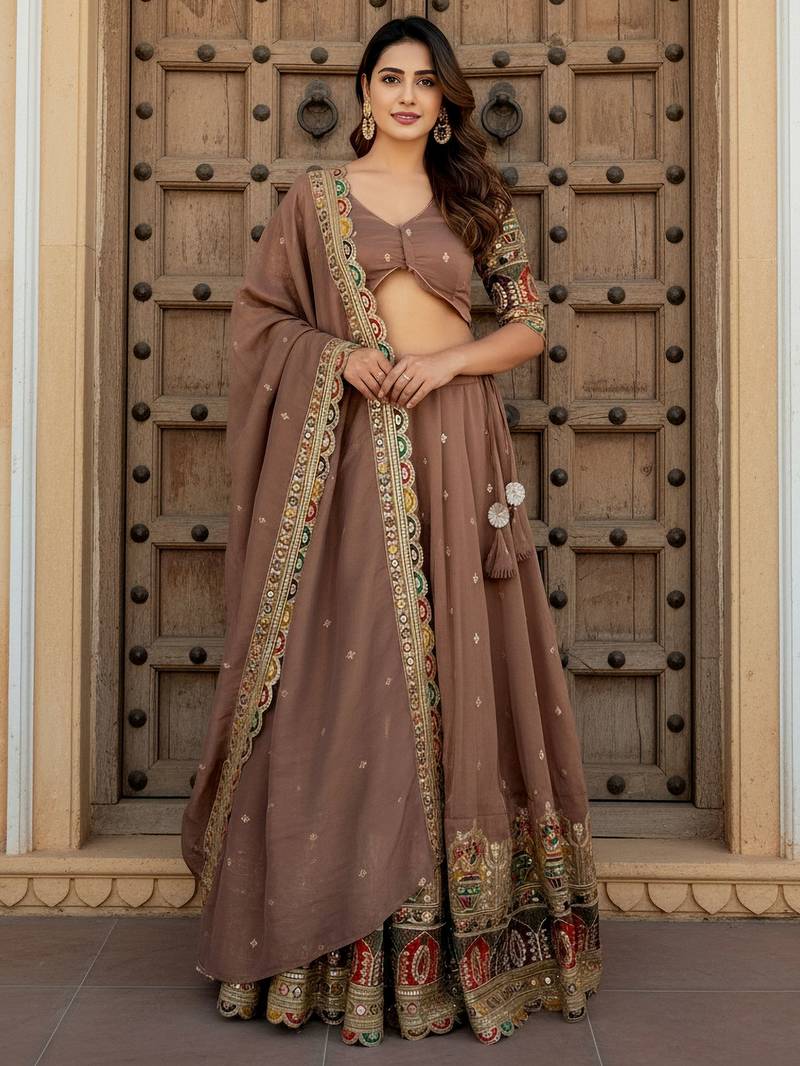 beige thread work silk festival lehenga set choli with dupatta with dupatta