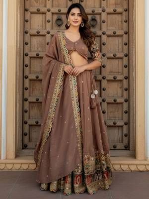 beige thread work silk festival lehenga set choli with dupatta with dupatta 1