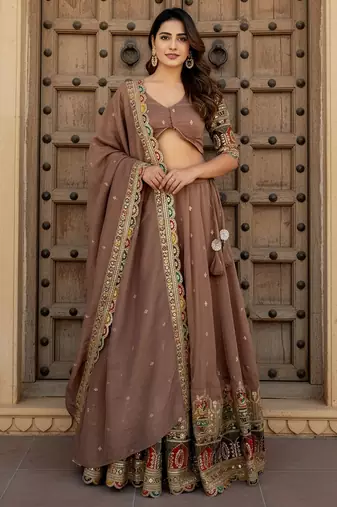 beige thread work silk festival lehenga set choli with dupatta with dupatta