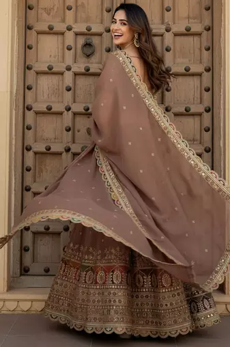 beige thread work silk festival lehenga set choli with dupatta with dupatta