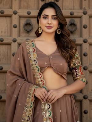 beige thread work silk festival lehenga set choli with dupatta with dupatta 3