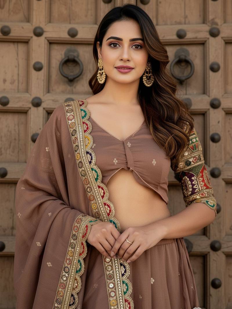 beige thread work silk festival lehenga set choli with dupatta with dupatta