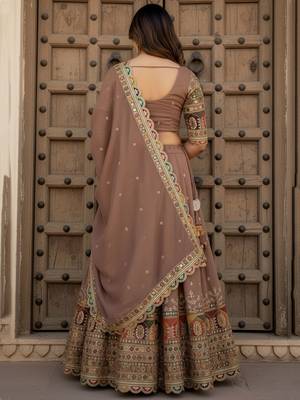 beige thread work silk festival lehenga set choli with dupatta with dupatta 4
