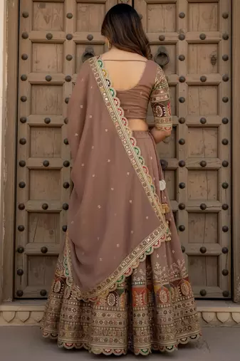 beige thread work silk festival lehenga set choli with dupatta with dupatta