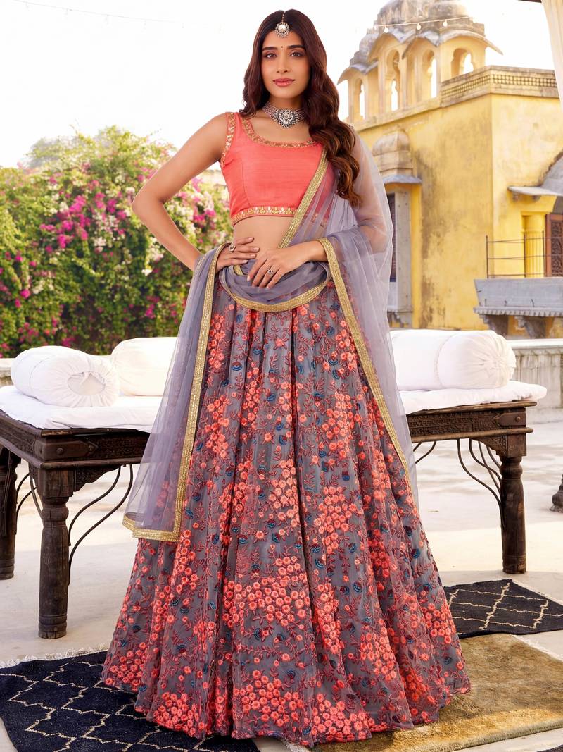 grey embroidered net festival lehenga set choli with dupatta