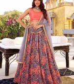 grey embroidered net festival lehenga set choli with dupatta