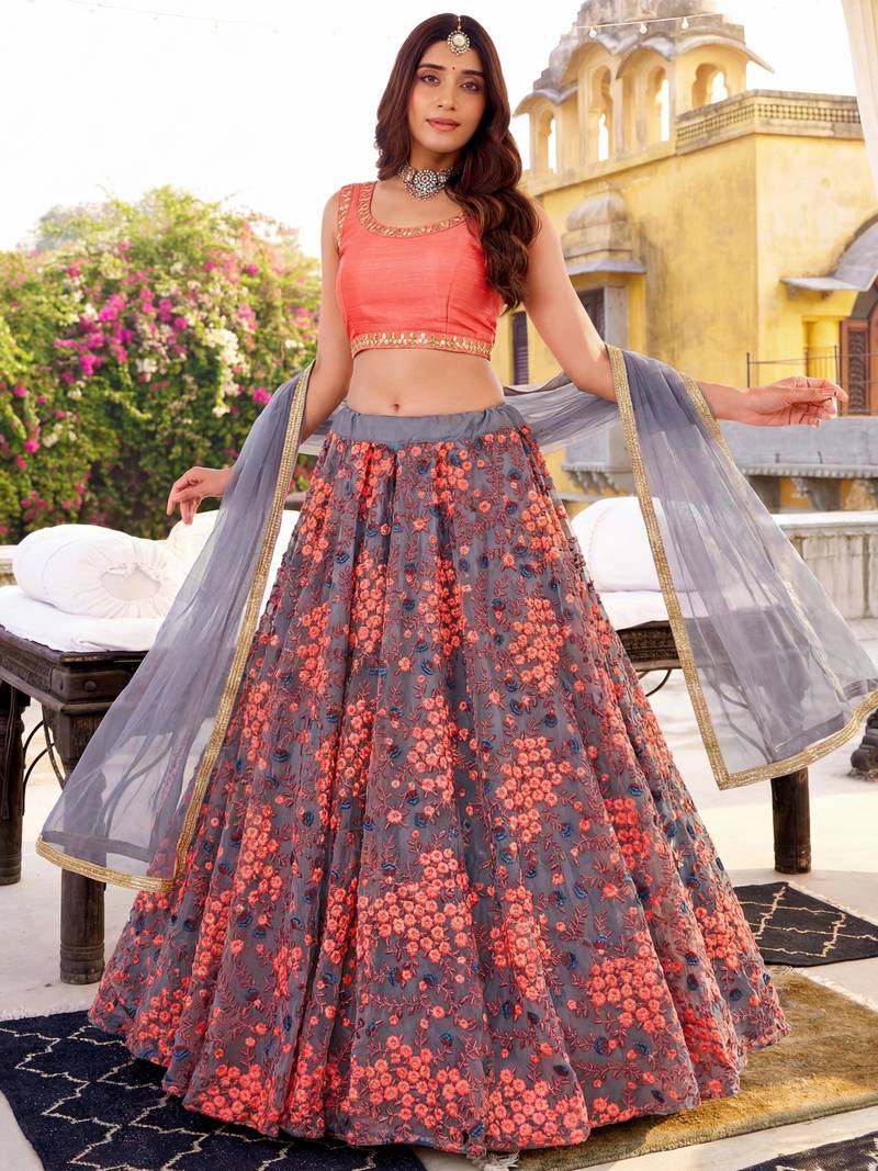 grey embroidered net festival lehenga set choli with dupatta