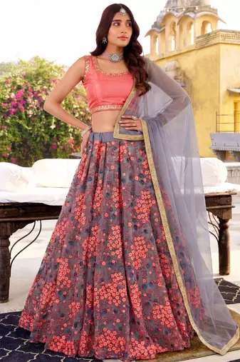 grey embroidered net festival lehenga set choli with dupatta