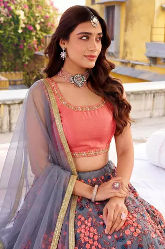 grey embroidered net festival lehenga set choli with dupatta