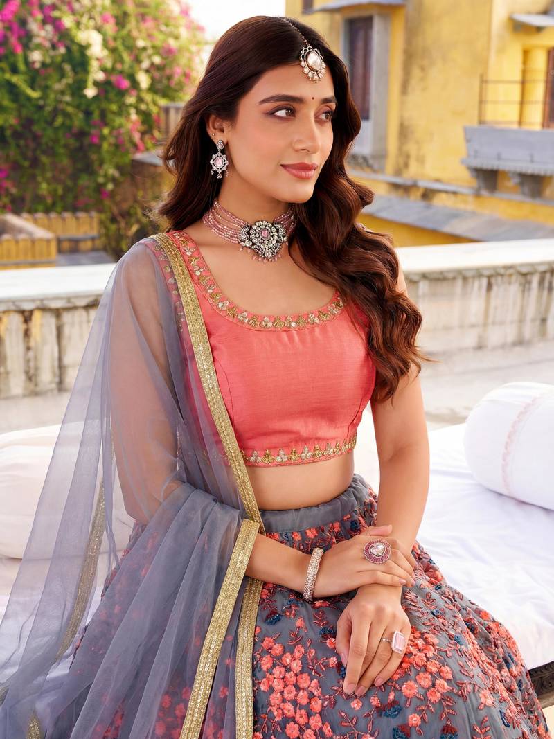 grey embroidered net festival lehenga set choli with dupatta