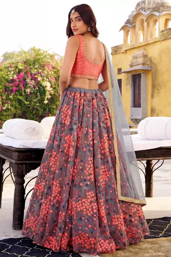 grey embroidered net festival lehenga set choli with dupatta