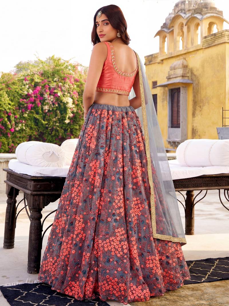 grey embroidered net festival lehenga set choli with dupatta