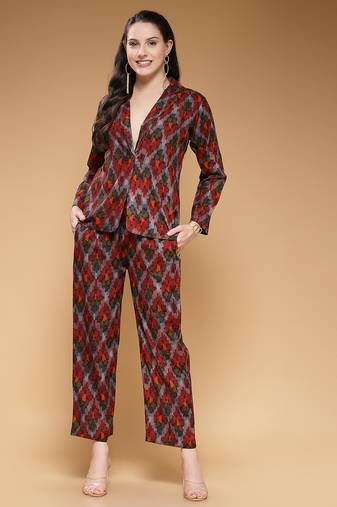 rayon maroon abstract print co-ord set