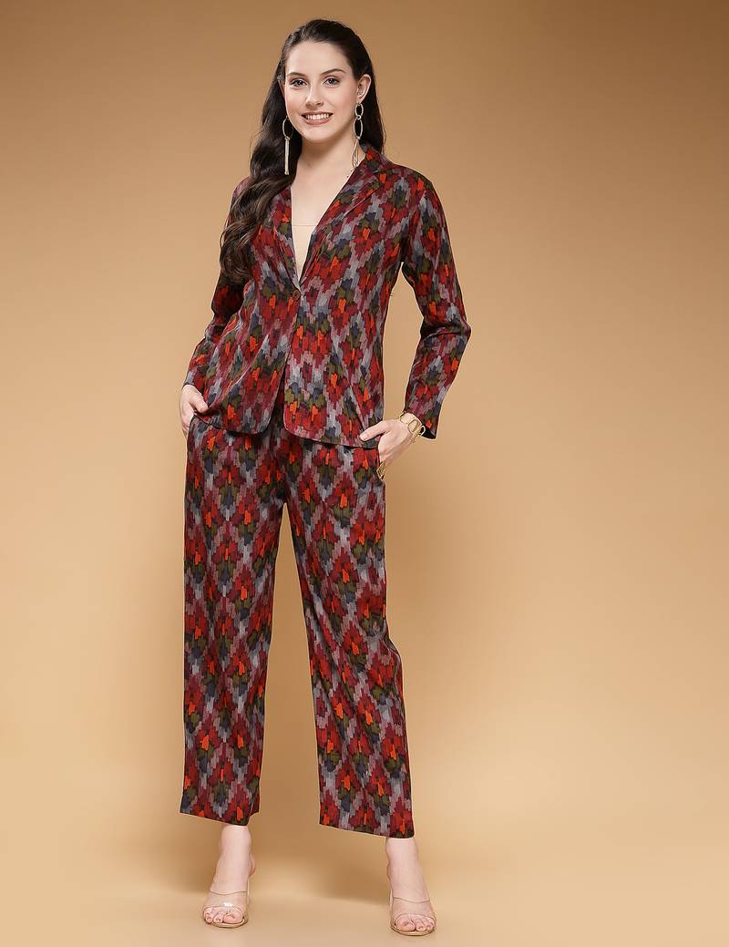 rayon maroon abstract print co-ord set