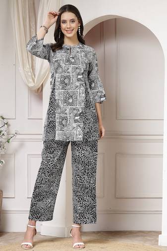 cotton black abstract print a-line co-ord set