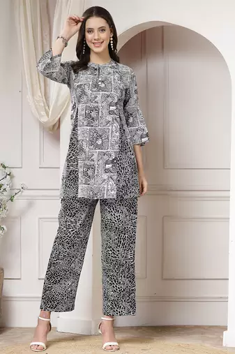 cotton black abstract print a-line co-ord set