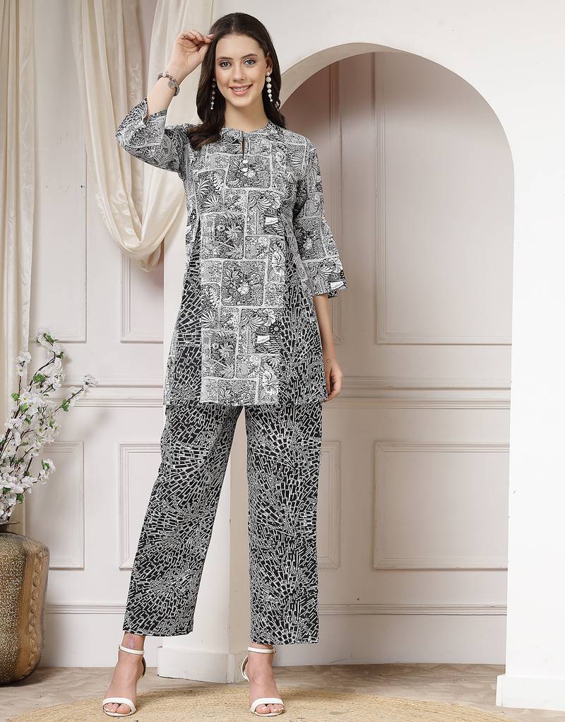 cotton black abstract print a-line co-ord set