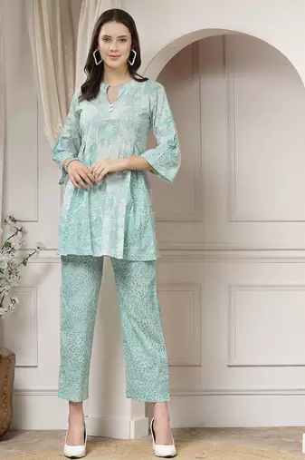 cotton sea green abstract print a-line co-ord set