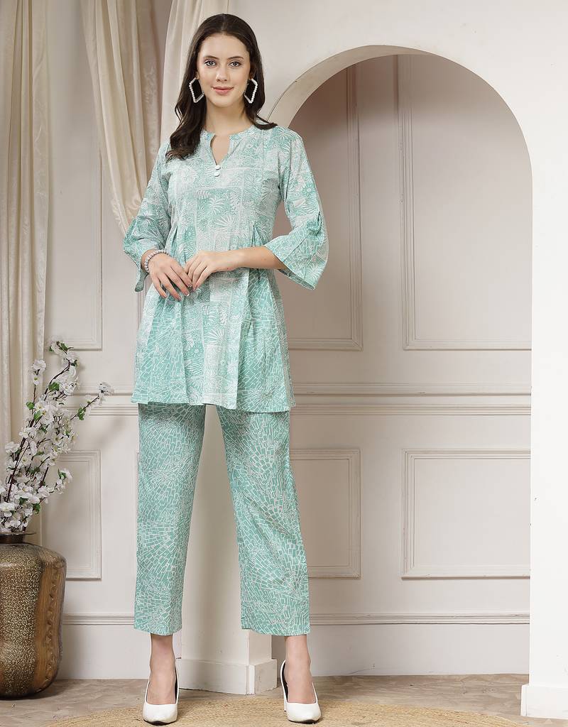 cotton sea green abstract print a-line co-ord set
