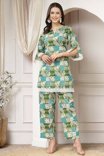 cotton green abstract print co-ord set