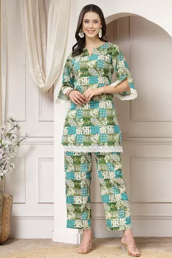 cotton green abstract print co-ord set