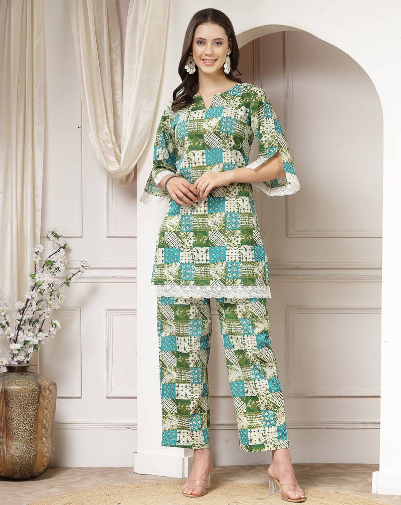 cotton green abstract print co-ord set