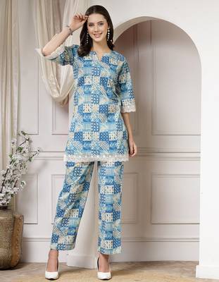 cotton blue abstract print co-ord set 1