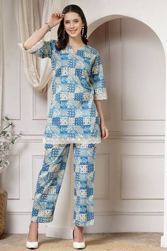 cotton blue abstract print co-ord set