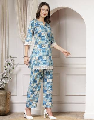 cotton blue abstract print co-ord set 4