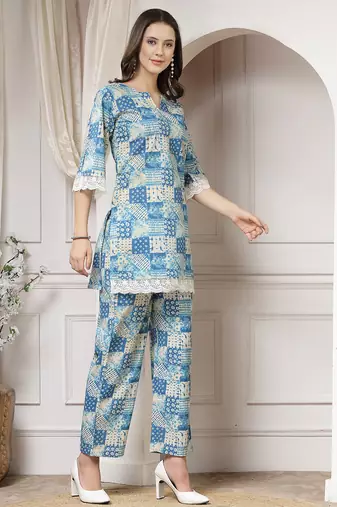 cotton blue abstract print co-ord set